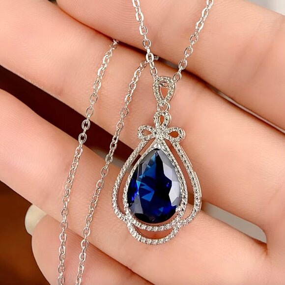 NEW 18k White Gold Blue Sapphire Diamond Pear Cut Teardrop Pendant Necklace - Picture 4 of 5